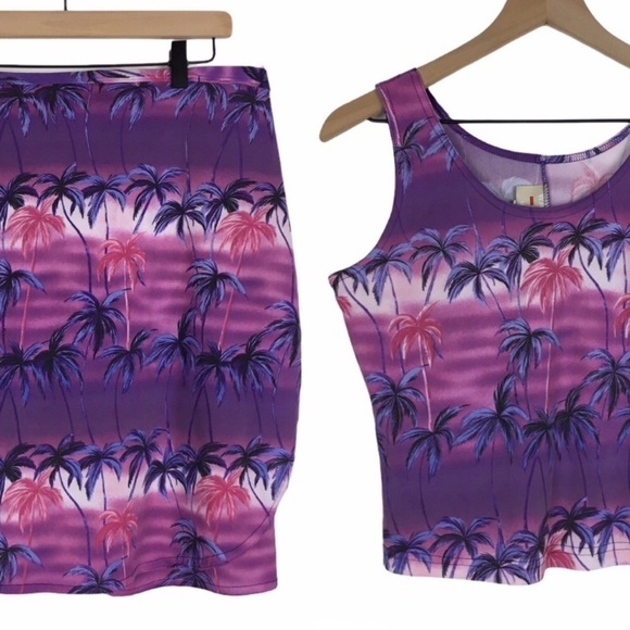 VINTAGE Waikiki Hawaii Set Top Wrap Skirt Tropical Palm Trees Beach Size Large - Picture 1 of 16